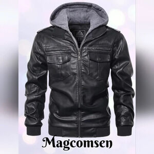 Magcomsen Jacket Men Sz S Black PU faux Leather Moto Removable Hood High-quality